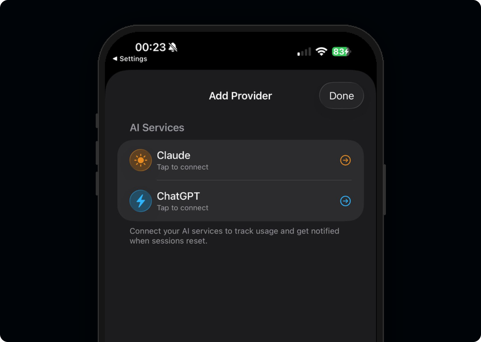 Add Provider screen showing Claude and ChatGPT connection options, the dual authentication interface that violated platform terms